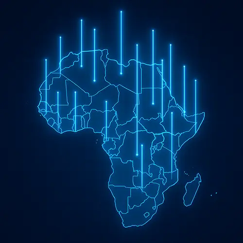 Africa map lit by data streams representing Overcome’s AI corpus from a billion users