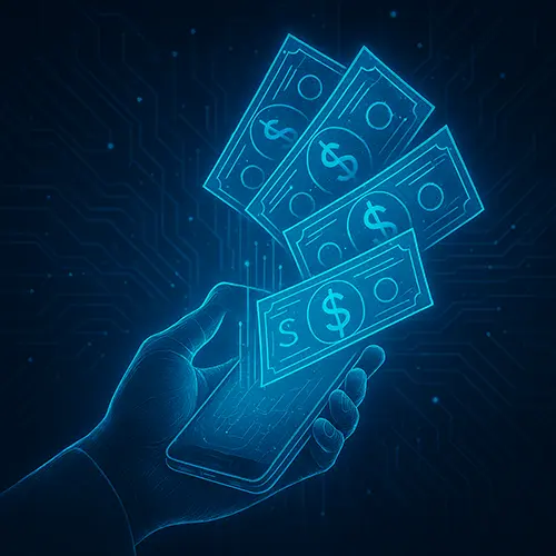 Digital currency flowing from phone, visualizing Overcome’s embedded fintech systems