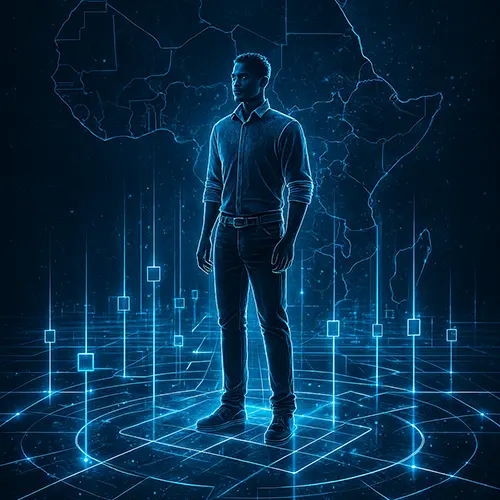 Digital grid with human figure and African map showing Overcome’s sovereign infrastructure