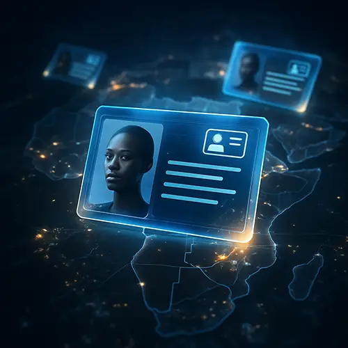 Digital ID cards over African map symbolizing national identity systems by Overcome